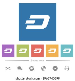 Dash digital cryptocurrency flat white icons in square backgrounds. 6 bonus icons included.