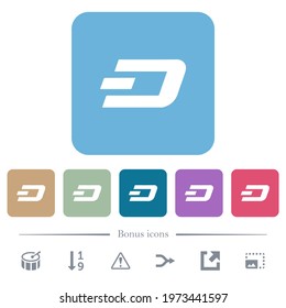 Dash digital cryptocurrency white flat icons on color rounded square backgrounds. 6 bonus icons included