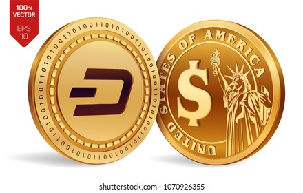 Dash. Dollar coin. 3D isometric Physical coins. Digital currency. Cryptocurrency. Golden coins with Dash and Dollar symbol isolated on white background. Vector illustration.