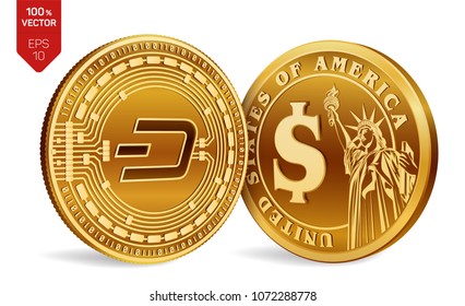 Dash. Dollar coin. 3D isometric Physical coins. Digital currency. Cryptocurrency. Golden coins with Dash and Dollar symbol isolated on white background. Vector illustration.