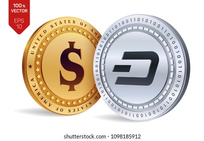 Dash. Dollar coin. 3D isometric Physical coins. Digital currency. Cryptocurrency. Golden and silver coins with Dash and Dollar symbol isolated on white background. Vector illustration.