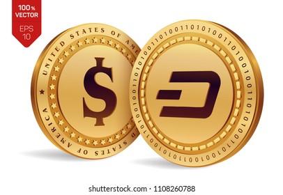 Dash. Dollar coin. 3D isometric Physical coins. Digital currency. Cryptocurrency. Golden coins with Dash and Dollar symbol isolated on white background. Vector illustration.