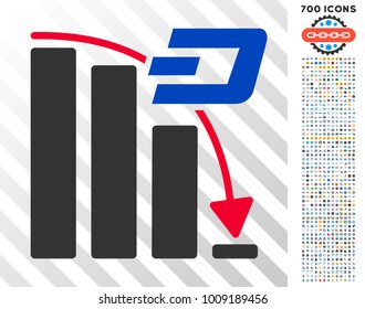 Dash Falling Acceleration Chart pictograph with 700 bonus bitcoin mining and blockchain design elements. Vector illustration style is flat iconic symbols designed for crypto-currency websites.