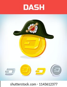 dash in french Napoleon tricorn hat. dash. Digital currency. Crypto currency. Money and finance symbol. Miner bit coin criptocurrency. Virtual money concept. Cartoon Vector illustration.