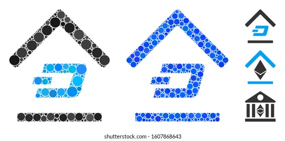 Dash garage mosaic of small circles in variable sizes and shades, based on Dash garage icon. Vector random circles are combined into blue mosaic. Dotted Dash garage icon in usual and blue versions.