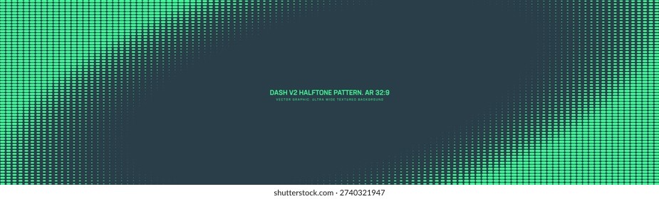 Dash grid halftone pattern tilted elliptical frame ultra wide 32:9 aspect ratio mint green vector conceptual dynamic abstract background. Dashed half tone ultrawide retro futuristic technology concept