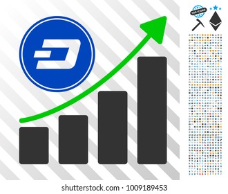 Dash Growing Chart icon with 7 hundred bonus bitcoin mining and blockchain pictures. Vector illustration style is flat iconic symbols designed for cryptocurrency websites.