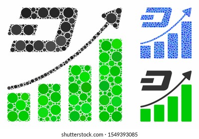 Dash growth trend mosaic of small circles in variable sizes and color tones, based on Dash growth trend icon. Vector small circles are organized into blue composition.