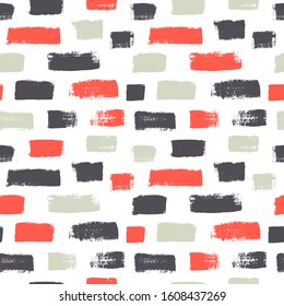 Dash grunge vector seamless pattern. Hand drawn vertical brush strokes texture. Colorful painted lines, stripes or smears. Black and red mess mosaic texture. Irregular geometric lines seamless pattern