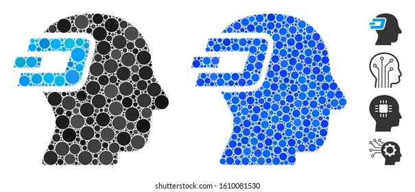 Dash imagination composition of round dots in various sizes and color tints, based on Dash imagination icon. Vector circle elements are combined into blue composition.