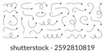 Dash line arrows doodle set.  Dotted zigzag arrow stripes, curved pointers. Hand drawn vector illustration isolated on white background