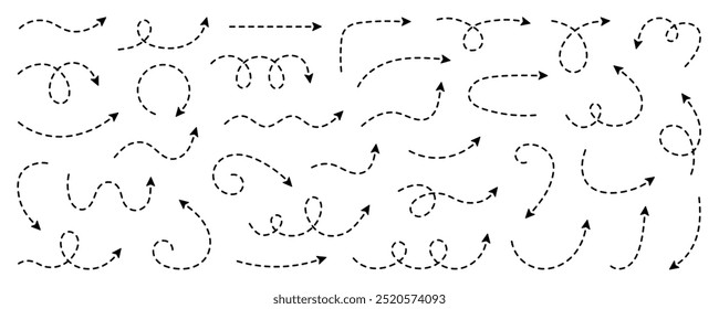 Conjunto de rabiscos de setas de linha tracejada.  Listras pontilhadas em seta em ziguezague, ponteiros curvos. Ilustração de vetor desenhada à mão isolada no plano de fundo branco