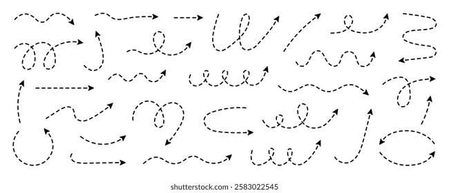 Dash line arrows doodle set.  Dotted zigzag arrow stripes, curved pointers. Hand drawn vector illustration isolated on white background