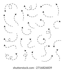 Dash line arrows doodle set. Dotted  arrow stripes, curved pointers. Hand drawn vector illustration isolated on white background . Hand drawn arrow vector set with dotted lines .