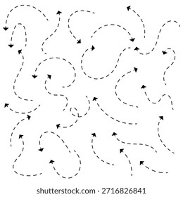 Conjunto de rabiscos de setas de linha tracejada. Listras de seta pontilhadas, ponteiros curvos. Ilustração vetorial desenhada à mão isolada sobre fundo branco . Vetor de seta desenhada à mão com linhas pontilhadas .