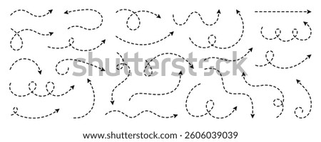 Dash line arrows doodle set.  Dotted zigzag arrow stripes, curved pointers. Hand drawn vector illustration isolated on white background