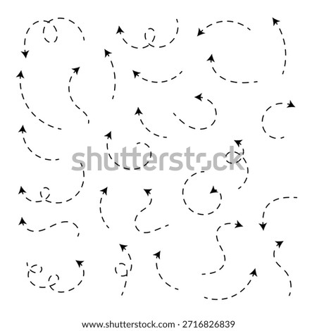 Dash line arrows doodle set. Dotted  arrow stripes, curved pointers. Hand drawn vector illustration isolated on white background . Hand drawn arrow vector set with dotted lines .