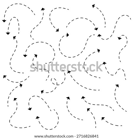 Dash line arrows doodle set. Dotted  arrow stripes, curved pointers. Hand drawn vector illustration isolated on white background . Hand drawn arrow vector set with dotted lines .