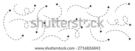 Dash line arrows doodle set. Dotted  arrow stripes, curved pointers. Hand drawn vector illustration isolated on white background . Hand drawn arrow vector set with dotted lines .
