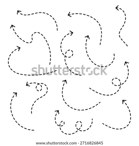 Dash line arrows doodle set. Dotted  arrow stripes, curved pointers. Hand drawn vector illustration isolated on white background . Hand drawn arrow vector set with dotted lines .