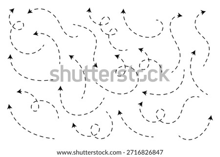 Dash line arrows doodle set. Dotted  arrow stripes, curved pointers. Hand drawn vector illustration isolated on white background . Hand drawn arrow vector set with dotted lines .