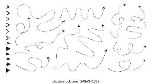 Strichlinienpfeile. Routenpfade mit Pfeilsymbolen, Roadmap-Richtungszeiger und Navigationslinien. Gestrichelte Routen mit unterschiedlichen Pfeilspitzenstilen Vektorgrafik festgelegt. Getrennt gekrümmt und dünn gestrichelt.