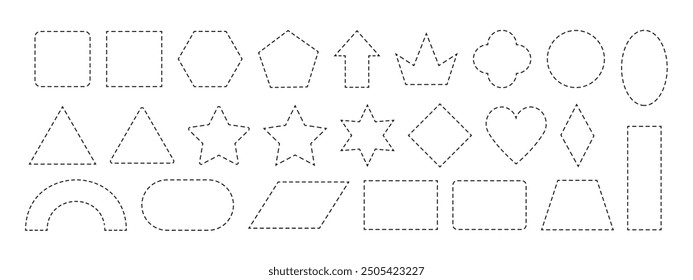 Dash line frames. Dashed outline shape cut line frame for coupon or voucher design. Basic geometric square, rectangle, circle and oval shapes and crown, star and heart symbols border vector set.