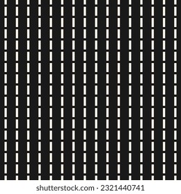 Dash line pattern. Vector monochrome seamless texture with vertical parallel lines. Abstract black and white background. Simple monochrome ornament. Perforated surface. Dark minimal repeat design
