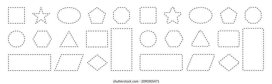 Dash line shapes. Dashed outline of circle, square, star, triangle, oval and heart for coupon. Design of border for basic geometric shapes. Icon of cut frame. Vector.