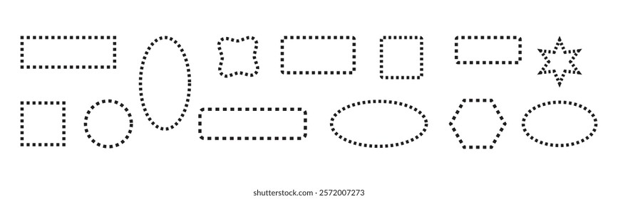 Dash line shapes. Dashed outline of circle, square, star, triangle, oval,  Design of border for basic geometric shapes. Icon of cut frame.