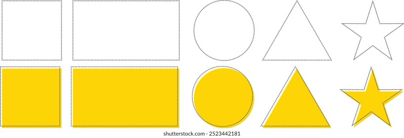 Formas de linha tracejada Isoladas no plano de fundo branco. Contorno tracejado de círculo, quadrado, estrela, triângulo para cupom. Design da borda para formas geométricas básicas. Ícone do quadro recortado. Vetor.