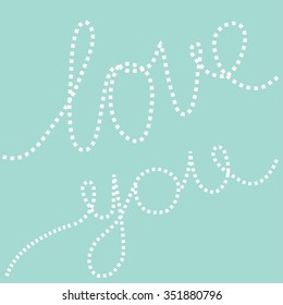 Dash line text Love you in the sky. Greeting card.  Flat design.  Blue background Vector illustration.