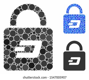 Dash lock mosaic of round dots in variable sizes and color tinges, based on Dash lock icon. Vector round dots are united into blue mosaic. Dotted Dash lock icon in usual and blue versions.