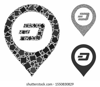 Dash map pointer composition of tuberous pieces in variable sizes and shades, based on Dash map pointer icon. Vector bumpy pieces are composed into composition.