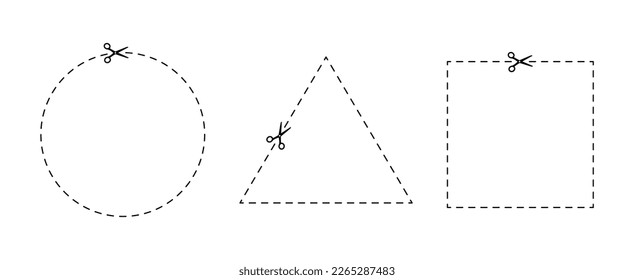 Dash marks in circle, triangle and square shapes on voucher. Trim ribbon with scissor. Black shear crop border. Scissor with dot cut line. Paper cutting icon with dotted snip. Vector illustration