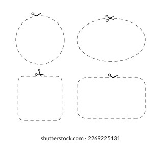 Dash marks in four different shapes on coupon. Scissor with dot cut line. Circle, rectangle, square, oval. Trim ribbon with scissor on voucher background. Black shear crop border. Vector illustration