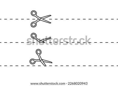 Dash marks line on sale voucher. Seamless trim path with scissor. Black shear crop border on white coupon background. Scissor with dot cut line. Vector illustration.