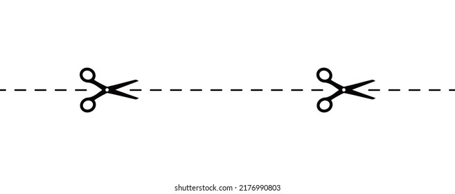 Dash marks on voucher. Black shear crop border on white coupon background seamless. Scissor with dot cut line. Trim ribbon with scissor isolated. Vector illustration.