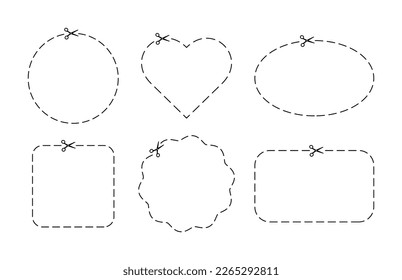 Dash marks in six different shapes on coupon. Scissor with dot cut line. Trim ribbon with scissor on white voucher background. Black shear crop border. Paper icon with dotted snip. Vector illustration