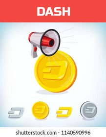dash with megaphone. dash. Digital currency. Crypto currency. Money and finance symbol. Miner bit coin criptocurrency. Virtual money concept. Cartoon Vector illustration.