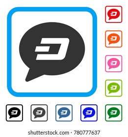 Dash Message Balloon icon. Flat gray pictogram symbol inside a blue rounded squared frame. Black, gray, green, blue, red, orange color variants of Dash Message Balloon vector.