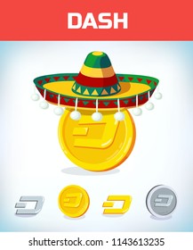 dash in mexican hat. dash. Digital currency. Crypto currency. Money and finance symbol. Miner bit coin criptocurrency. Virtual money concept. Cartoon Vector illustration.
