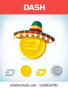 dash in mexican hat. dash. Digital currency. Crypto currency. Money and finance symbol. Miner bit coin criptocurrency. Virtual money concept. Cartoon Vector illustration.