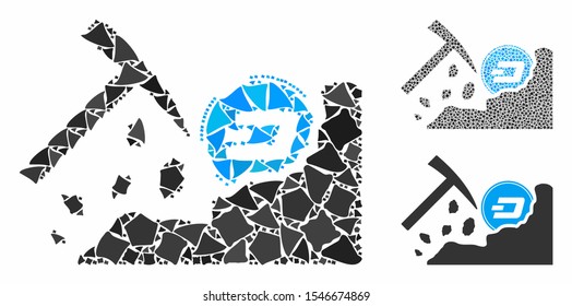 Dash mining hammer composition of ragged pieces in variable sizes and color hues, based on Dash mining hammer icon. Vector irregular items are united into composition.