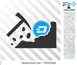Dash Mining Hammer icon with 7 hundred bonus bitcoin mining and blockchain symbols. Vector illustration style is flat iconic symbols designed for crypto currency software.