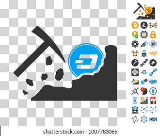 Dash Mining Hammer pictograph with bonus bitcoin mining and blockchain pictographs. Vector illustration style is flat iconic symbols. Designed for bitcoin software.