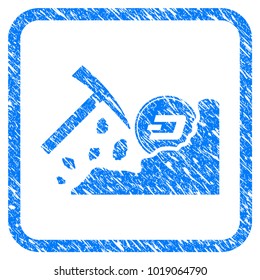 Dash Mining Hammer rubber seal stamp imitation. Icon vector symbol with grunge design and unclean texture inside rounded frame. Scratched blue sign on a white background.