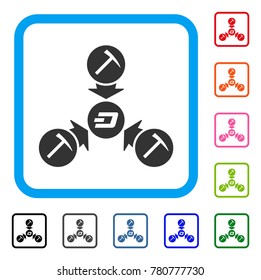 Dash Mining Pool icon. Flat gray pictogram symbol inside a blue rounded squared frame. Black, gray, green, blue, red, orange color variants of Dash Mining Pool vector.