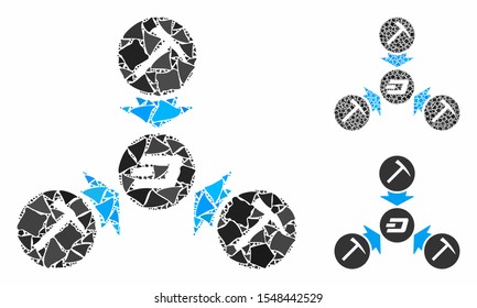 Dash mining pool mosaic of raggy items in different sizes and color tinges, based on Dash mining pool icon. Vector raggy dots are organized into collage.