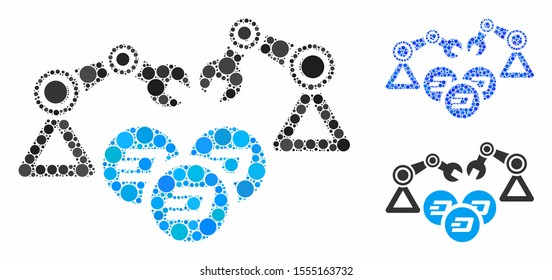 Dash mining robotics mosaic of filled circles in various sizes and shades, based on Dash mining robotics icon. Vector filled circles are organized into blue composition.